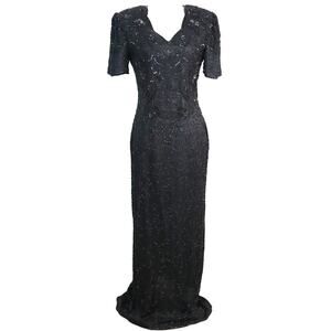 Vintage 80s 90s Scala PURE SILK Sequin Beaded Dress Long Maxi Gown Formal Small
